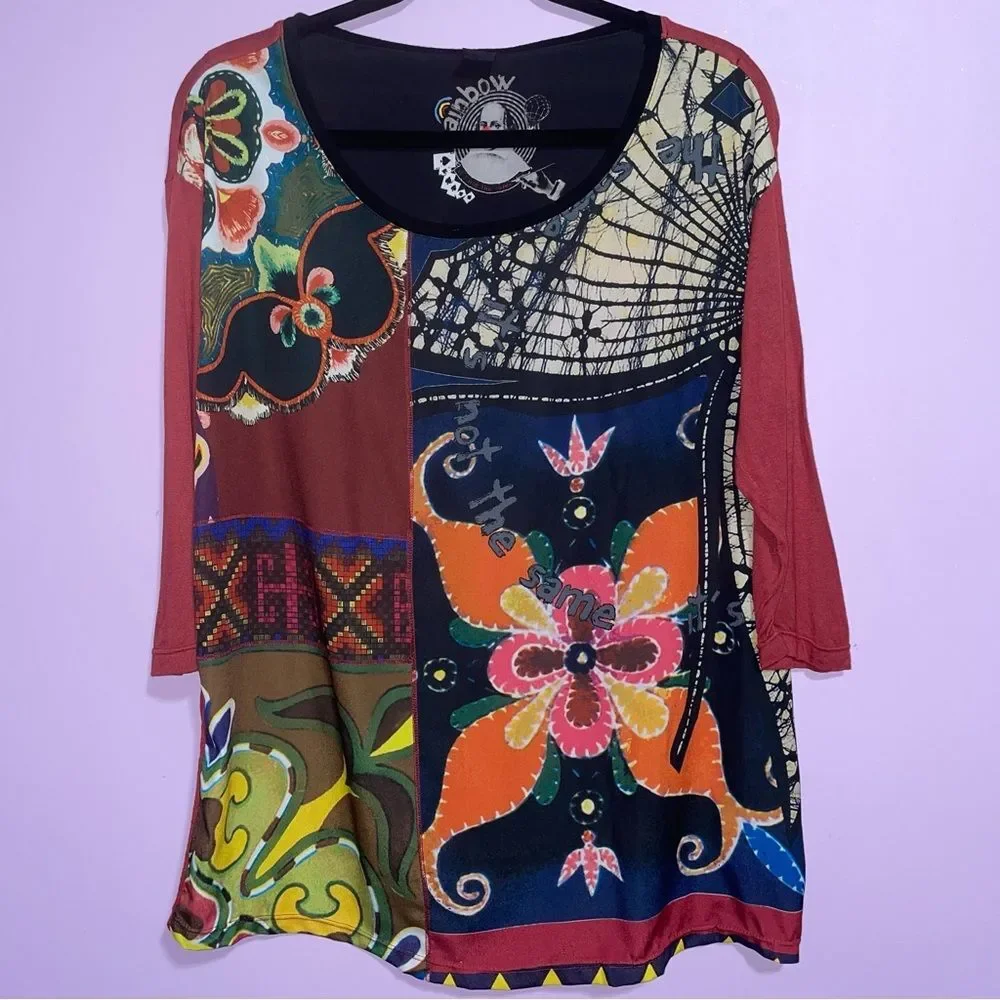 Desigual Rainbow Patchwork Print Blouse Women Size L Art To Wear Artsy Eclectic